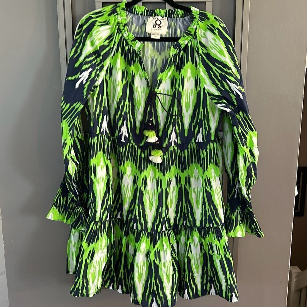 Figue Bella Green and navy cotton long sleeve dress with tassel size M
